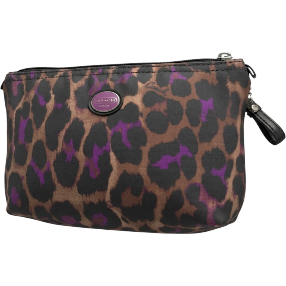 Coach Leopard Print Nylon Cosmetic Pouch Bag Purple Brown Black Animal Print
